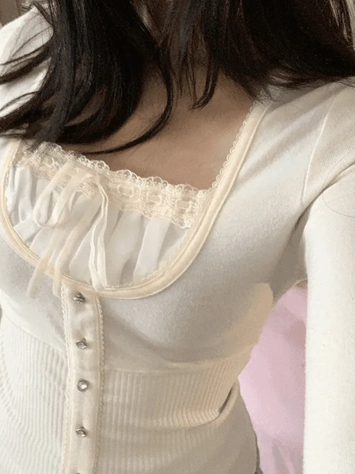 Joskaa Fleece Bow-Neck Ribbed Lace Blouse