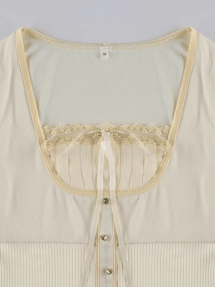 Joskaa Fleece Bow-Neck Ribbed Lace Blouse