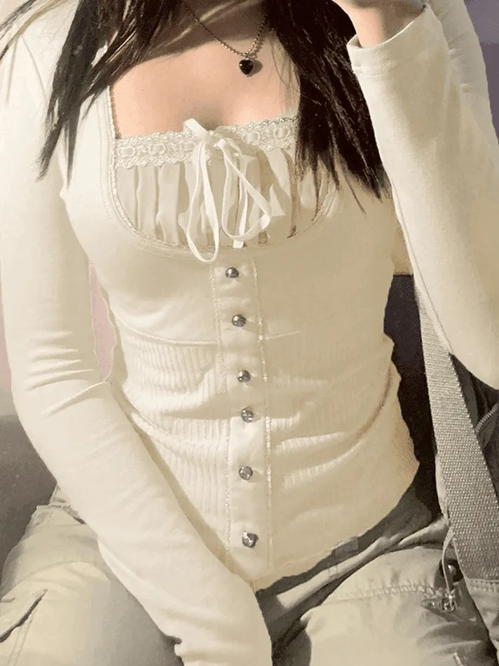 Joskaa Fleece Bow-Neck Ribbed Lace Blouse