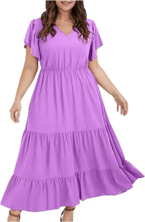 jsaierl Women Sundress Short Sleeve V Neck Ruffle Dress A Line Swing Beach Dresses Boho Flowy High Waisted Dress with Pockets