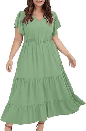 jsaierl Women Sundress Short Sleeve V Neck Ruffle Dress A Line Swing Beach Dresses Boho Flowy High Waisted Dress with Pockets