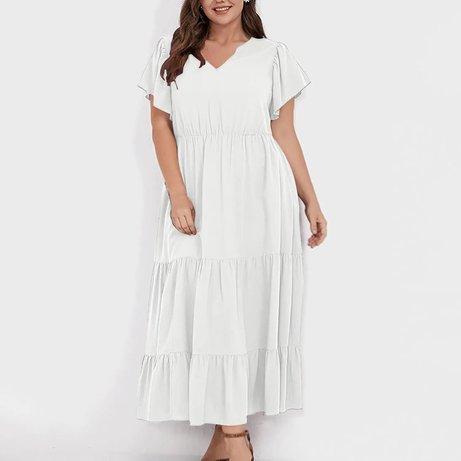 jsaierl Women Sundress Short Sleeve V Neck Ruffle Dress A Line Swing Beach Dresses Boho Flowy High Waisted Dress with Pockets