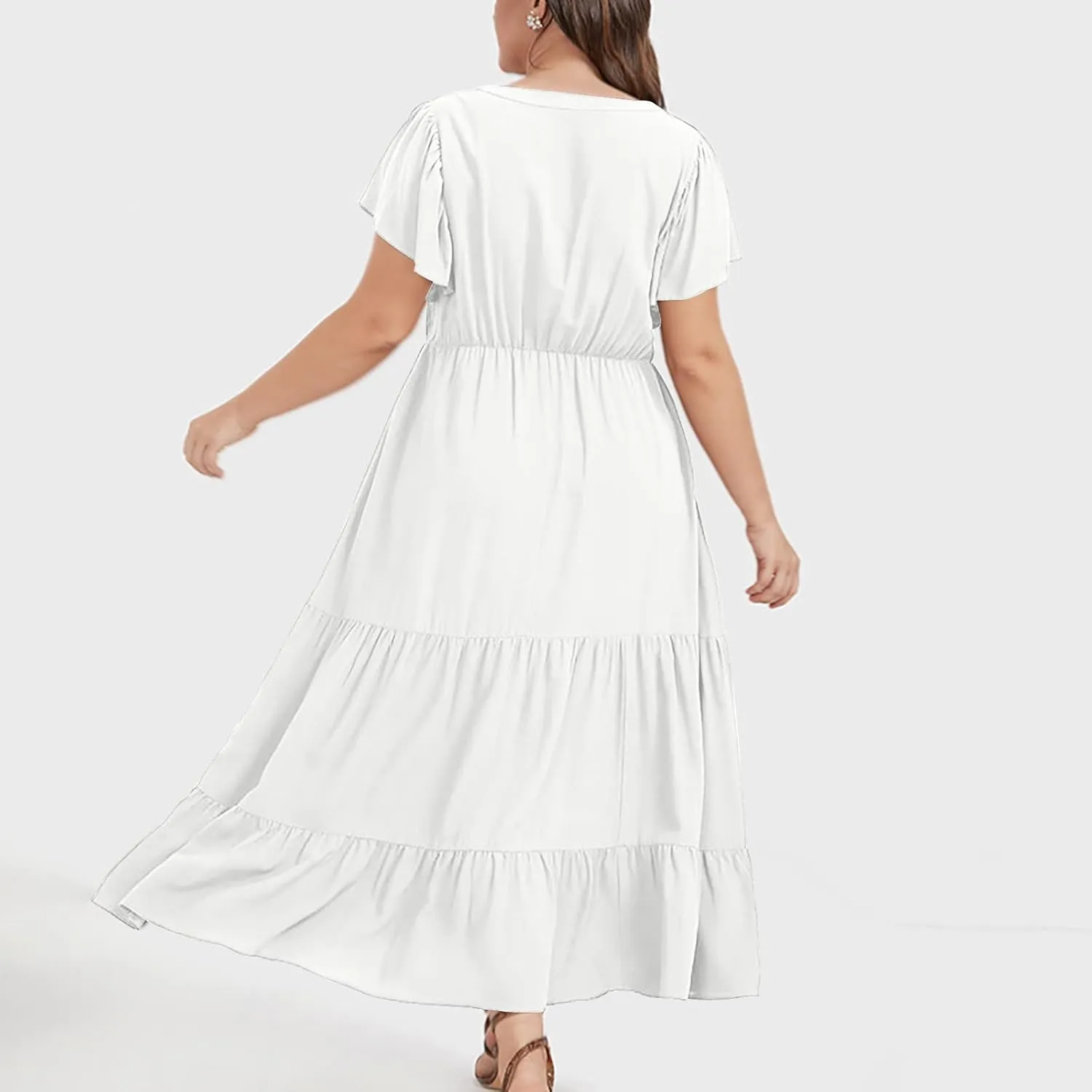 jsaierl Women Sundress Short Sleeve V Neck Ruffle Dress A Line Swing Beach Dresses Boho Flowy High Waisted Dress with Pockets