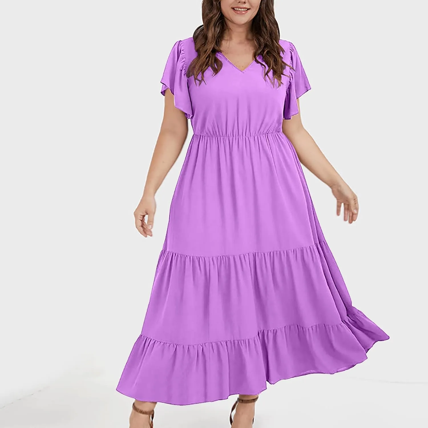 jsaierl Women Sundress Short Sleeve V Neck Ruffle Dress A Line Swing Beach Dresses Boho Flowy High Waisted Dress with Pockets