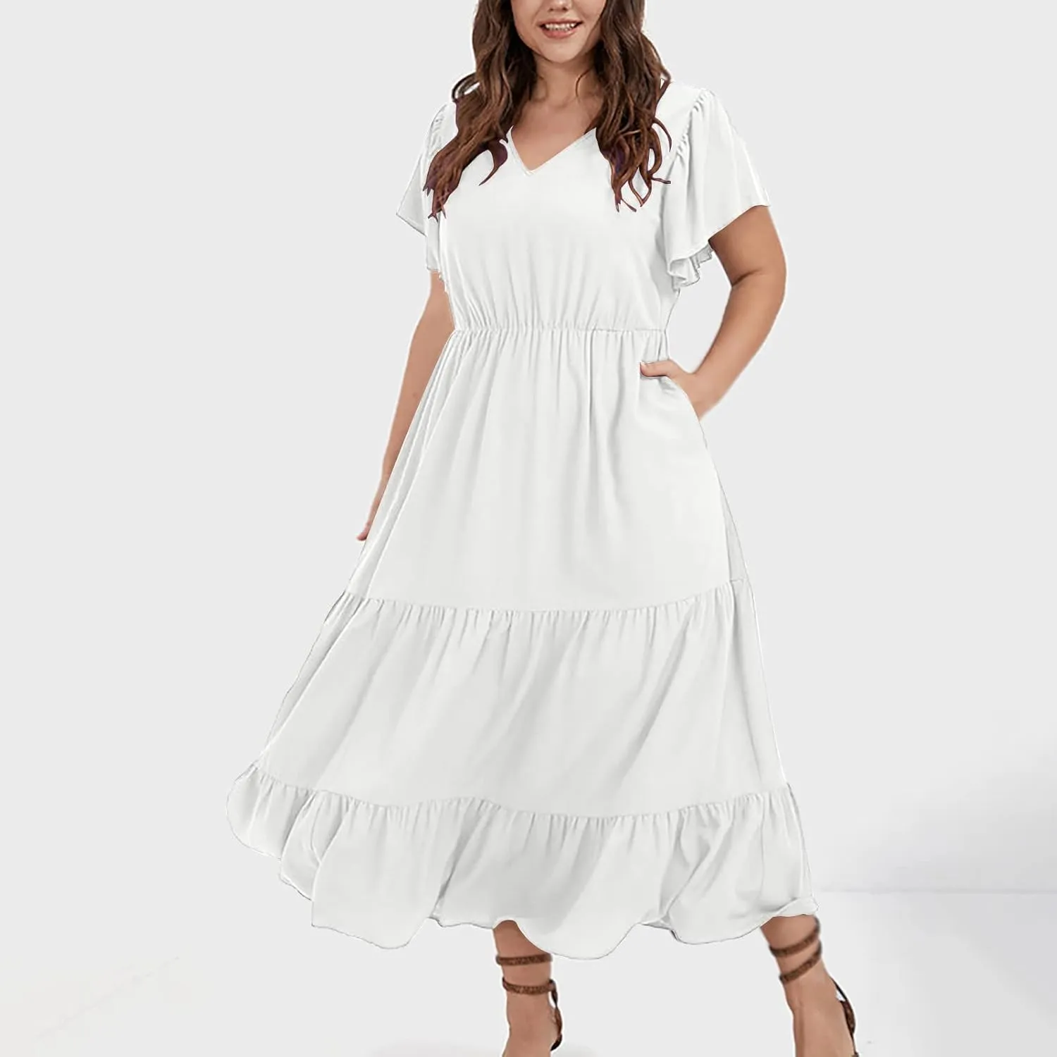 jsaierl Women Sundress Short Sleeve V Neck Ruffle Dress A Line Swing Beach Dresses Boho Flowy High Waisted Dress with Pockets