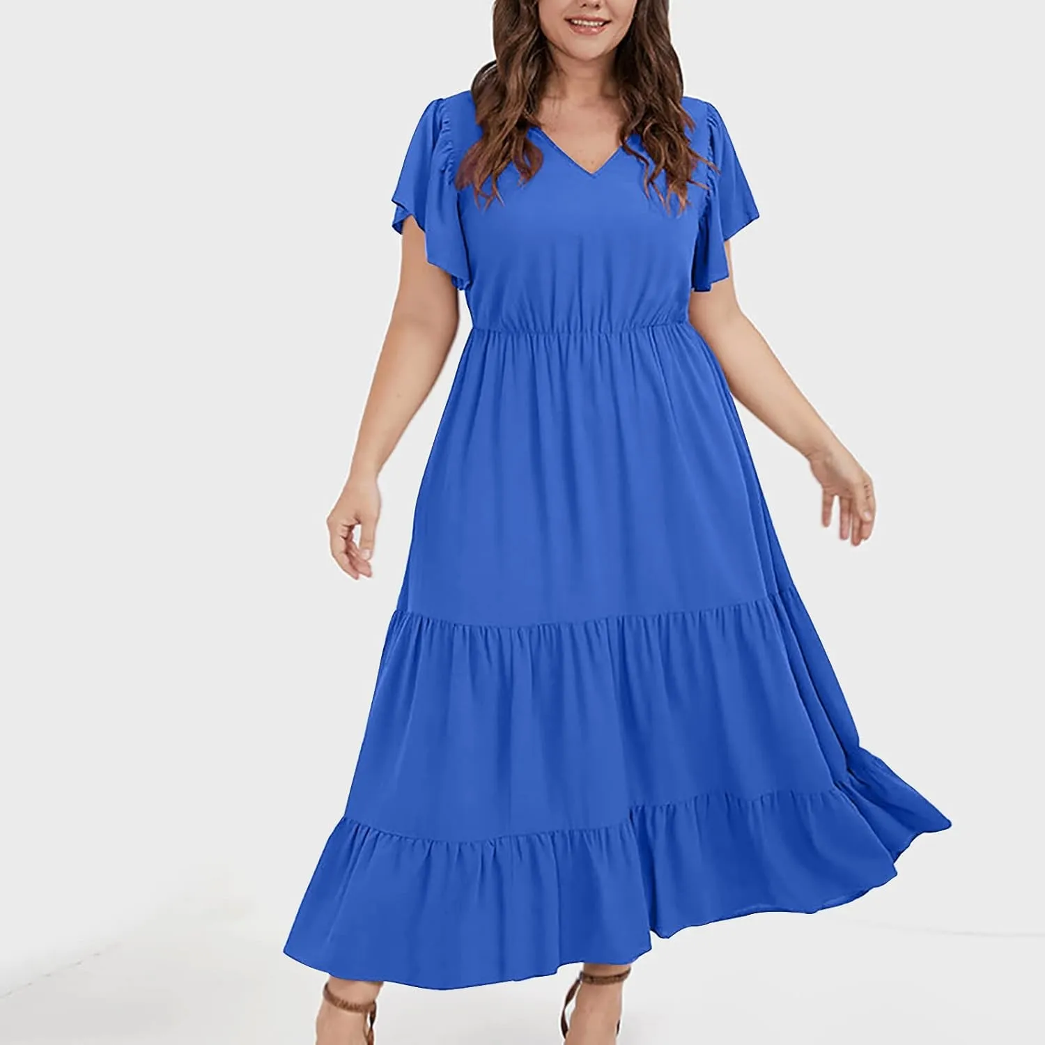 jsaierl Women Sundress Short Sleeve V Neck Ruffle Dress A Line Swing Beach Dresses Boho Flowy High Waisted Dress with Pockets