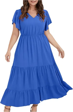 jsaierl Women Sundress Short Sleeve V Neck Ruffle Dress A Line Swing Beach Dresses Boho Flowy High Waisted Dress with Pockets