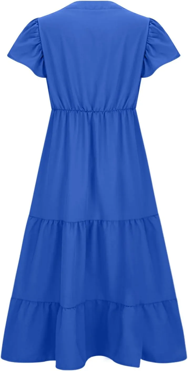 jsaierl Women Sundress Short Sleeve V Neck Ruffle Dress A Line Swing Beach Dresses Boho Flowy High Waisted Dress with Pockets