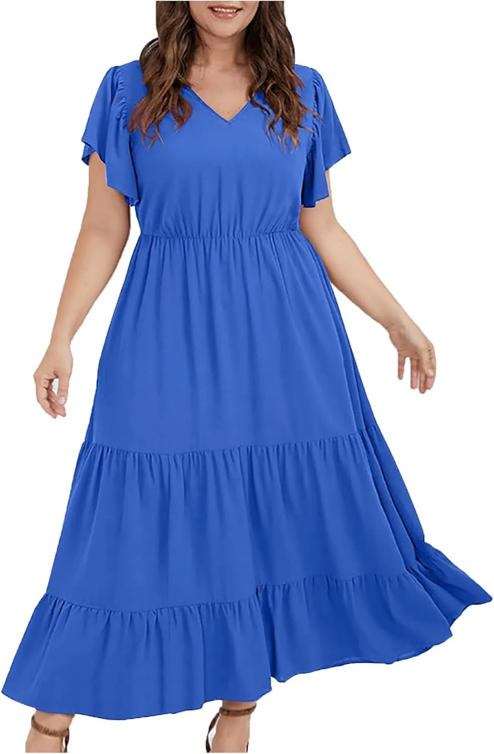 jsaierl Women Sundress Short Sleeve V Neck Ruffle Dress A Line Swing Beach Dresses Boho Flowy High Waisted Dress with Pockets