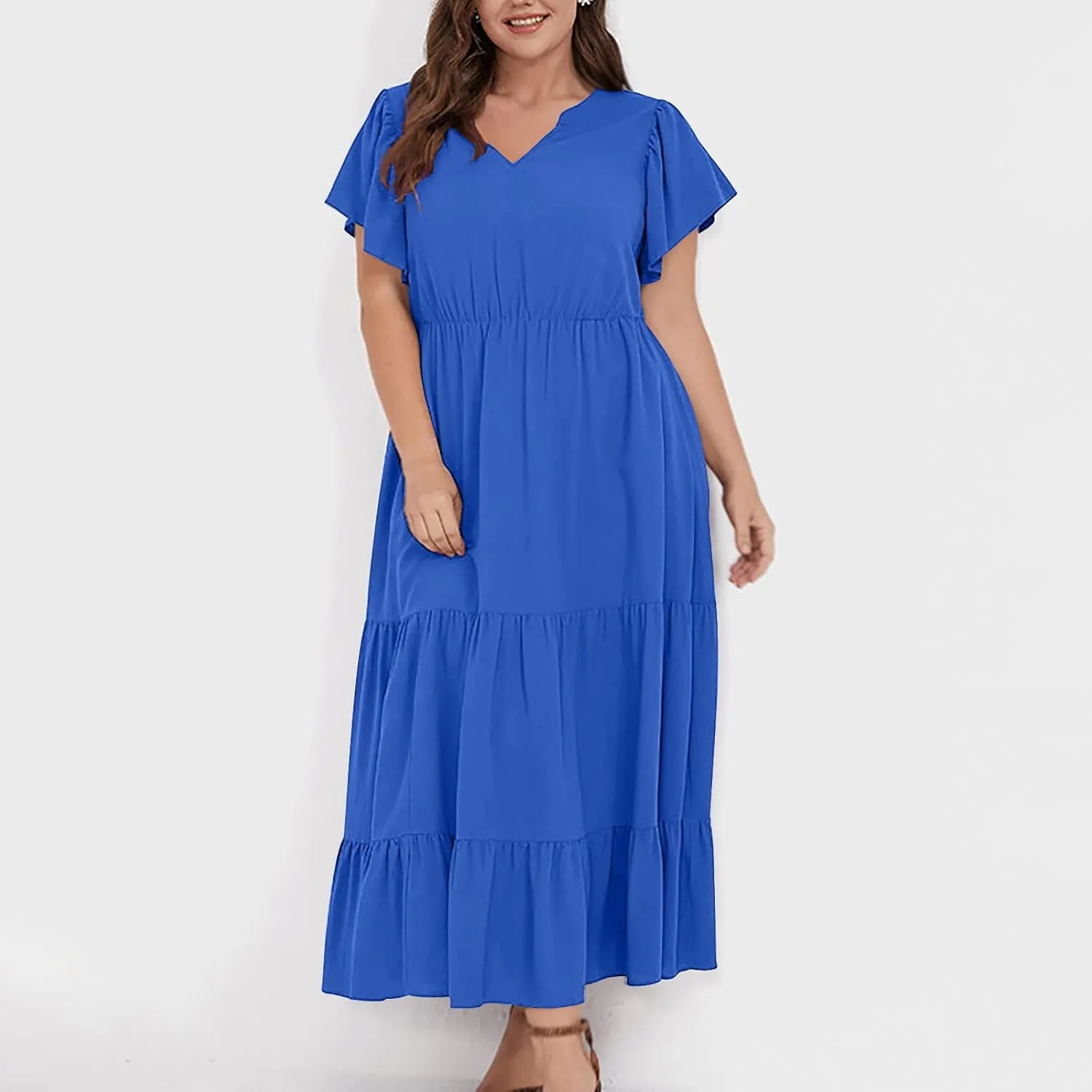 jsaierl Women Sundress Short Sleeve V Neck Ruffle Dress A Line Swing Beach Dresses Boho Flowy High Waisted Dress with Pockets