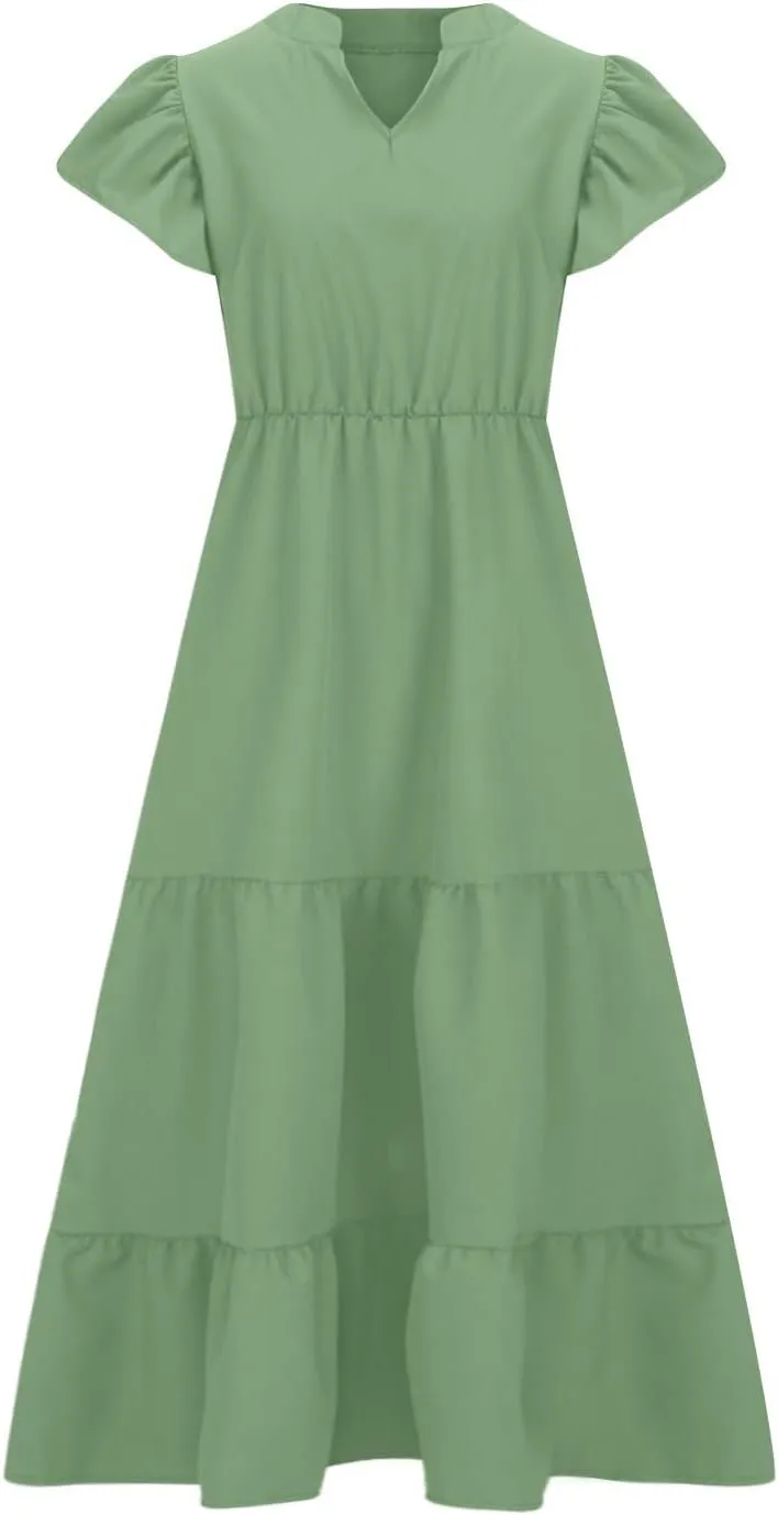 jsaierl Women Sundress Short Sleeve V Neck Ruffle Dress A Line Swing Beach Dresses Boho Flowy High Waisted Dress with Pockets