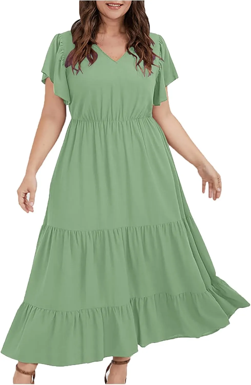 jsaierl Women Sundress Short Sleeve V Neck Ruffle Dress A Line Swing Beach Dresses Boho Flowy High Waisted Dress with Pockets