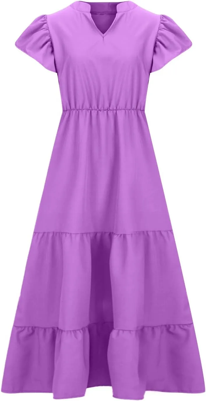 jsaierl Women Sundress Short Sleeve V Neck Ruffle Dress A Line Swing Beach Dresses Boho Flowy High Waisted Dress with Pockets