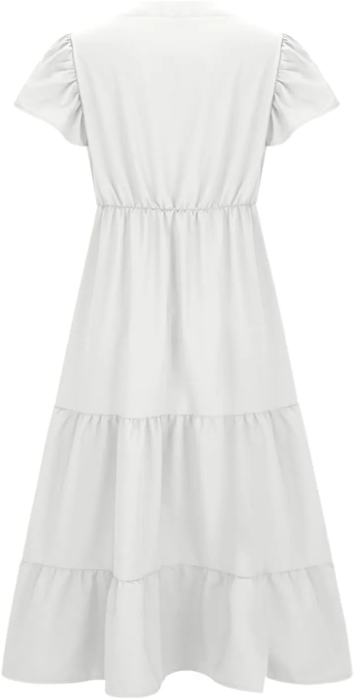 jsaierl Women Sundress Short Sleeve V Neck Ruffle Dress A Line Swing Beach Dresses Boho Flowy High Waisted Dress with Pockets