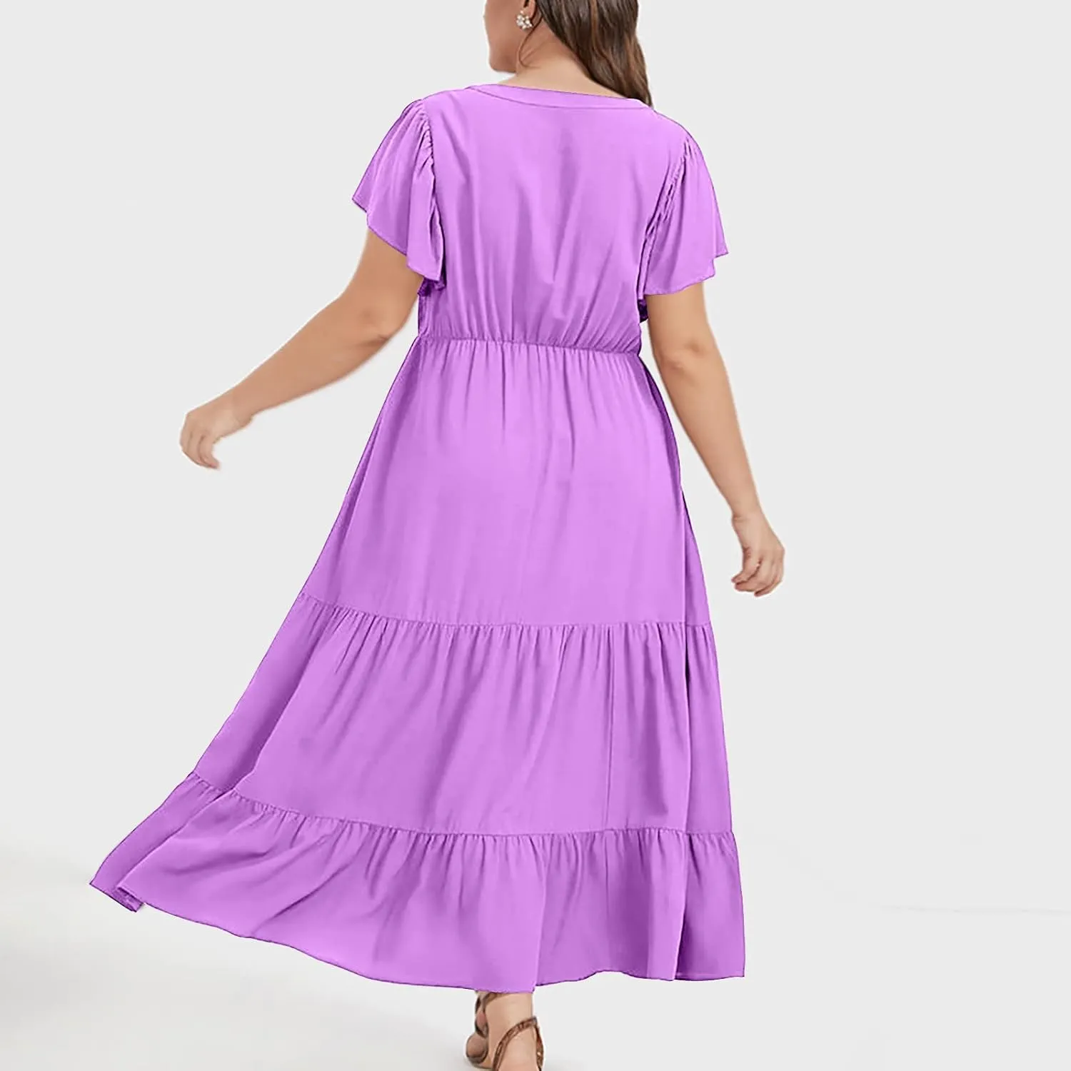 jsaierl Women Sundress Short Sleeve V Neck Ruffle Dress A Line Swing Beach Dresses Boho Flowy High Waisted Dress with Pockets