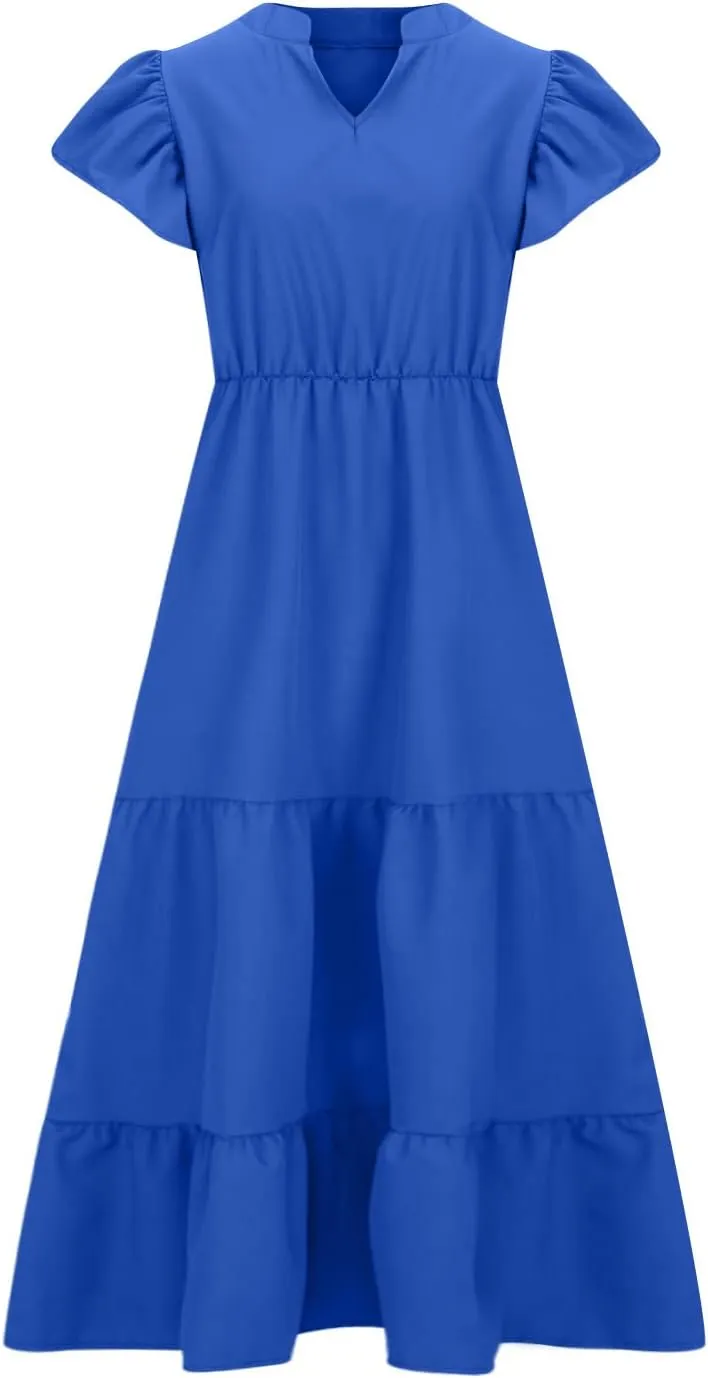 jsaierl Women Sundress Short Sleeve V Neck Ruffle Dress A Line Swing Beach Dresses Boho Flowy High Waisted Dress with Pockets