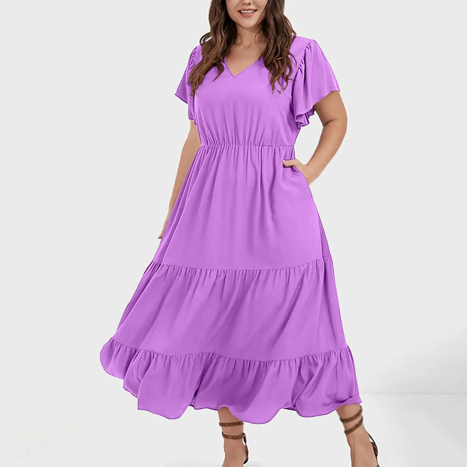 jsaierl Women Sundress Short Sleeve V Neck Ruffle Dress A Line Swing Beach Dresses Boho Flowy High Waisted Dress with Pockets