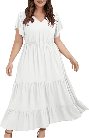 jsaierl Women Sundress Short Sleeve V Neck Ruffle Dress A Line Swing Beach Dresses Boho Flowy High Waisted Dress with Pockets