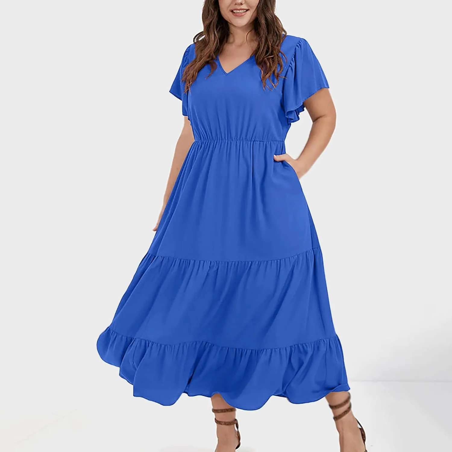 jsaierl Women Sundress Short Sleeve V Neck Ruffle Dress A Line Swing Beach Dresses Boho Flowy High Waisted Dress with Pockets