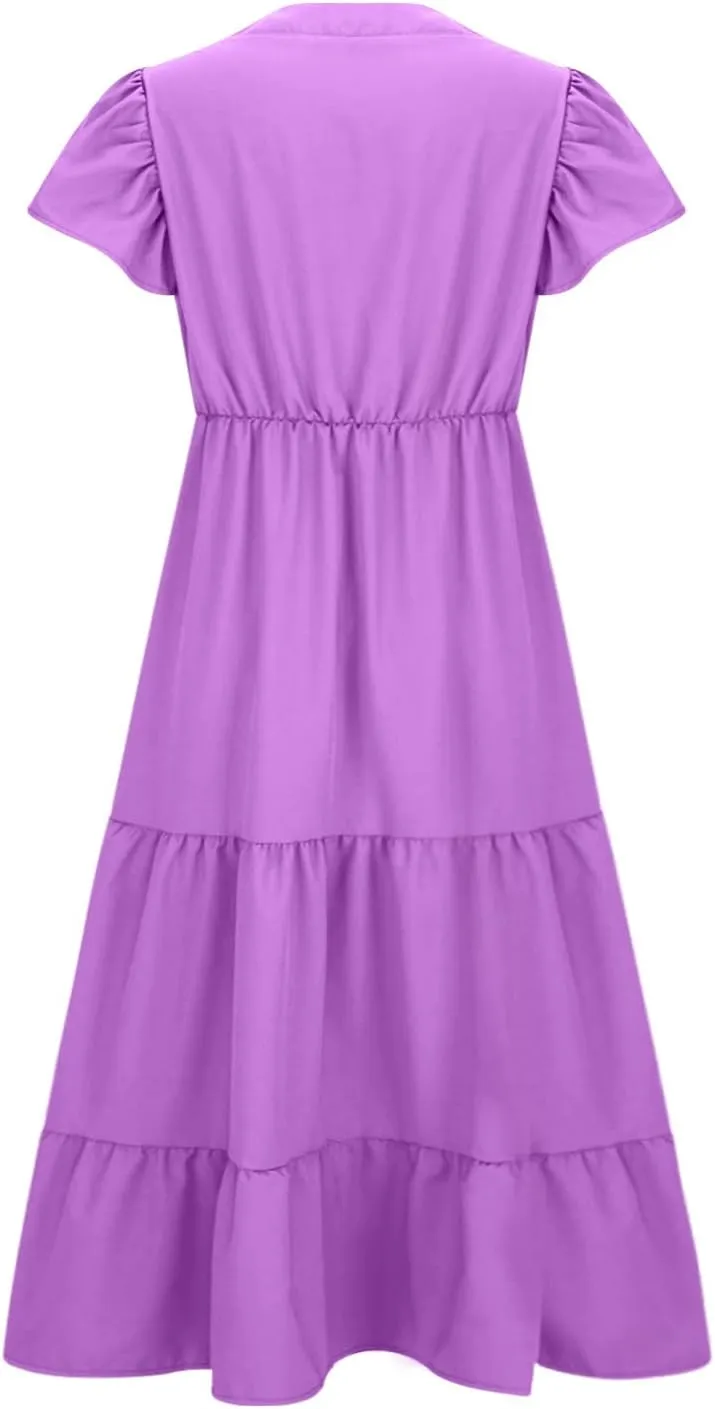jsaierl Women Sundress Short Sleeve V Neck Ruffle Dress A Line Swing Beach Dresses Boho Flowy High Waisted Dress with Pockets