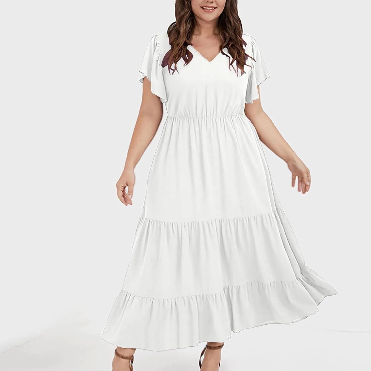 jsaierl Women Sundress Short Sleeve V Neck Ruffle Dress A Line Swing Beach Dresses Boho Flowy High Waisted Dress with Pockets