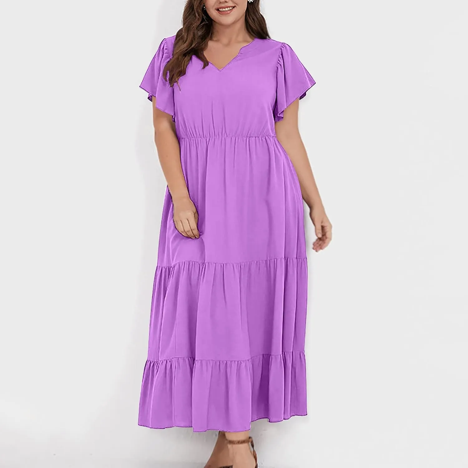 jsaierl Women Sundress Short Sleeve V Neck Ruffle Dress A Line Swing Beach Dresses Boho Flowy High Waisted Dress with Pockets