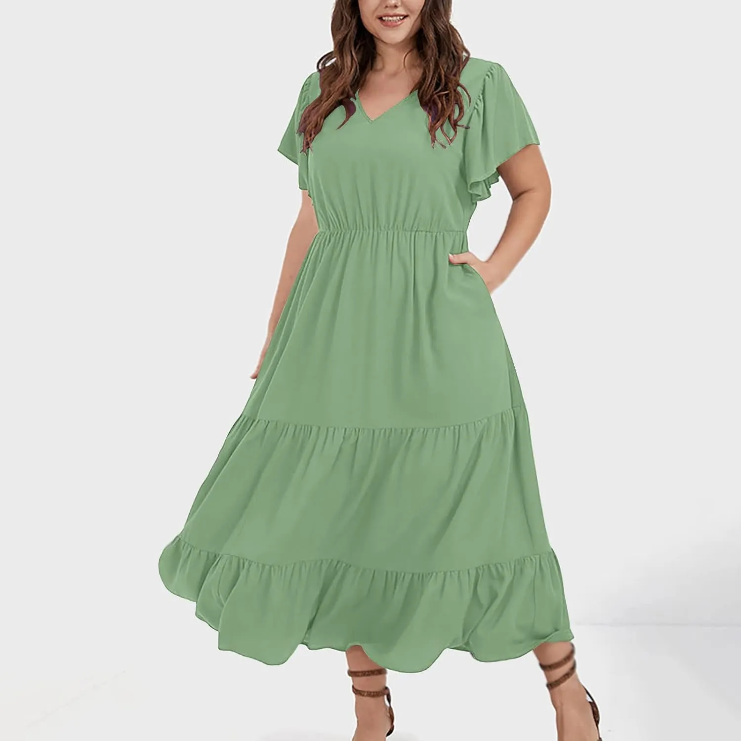 jsaierl Women Sundress Short Sleeve V Neck Ruffle Dress A Line Swing Beach Dresses Boho Flowy High Waisted Dress with Pockets