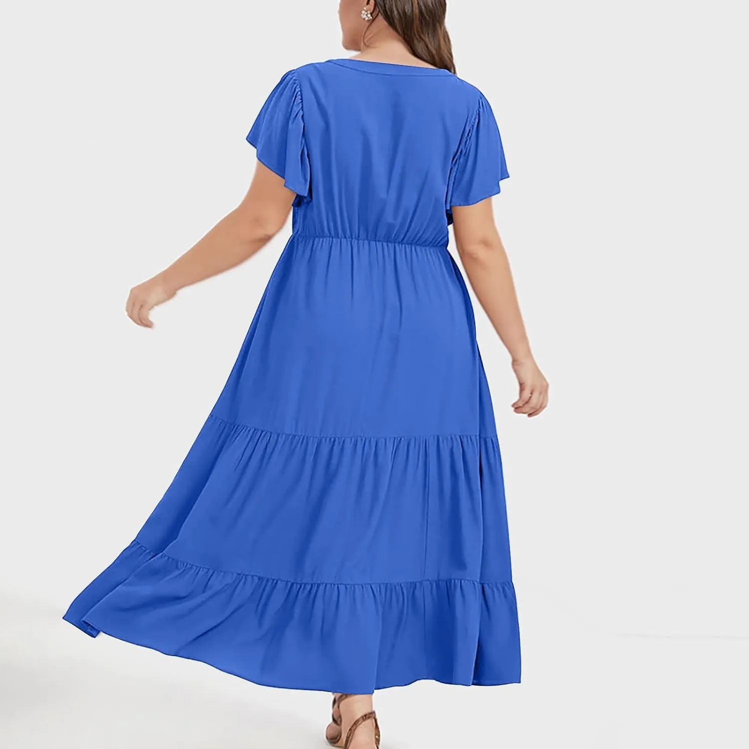 jsaierl Women Sundress Short Sleeve V Neck Ruffle Dress A Line Swing Beach Dresses Boho Flowy High Waisted Dress with Pockets