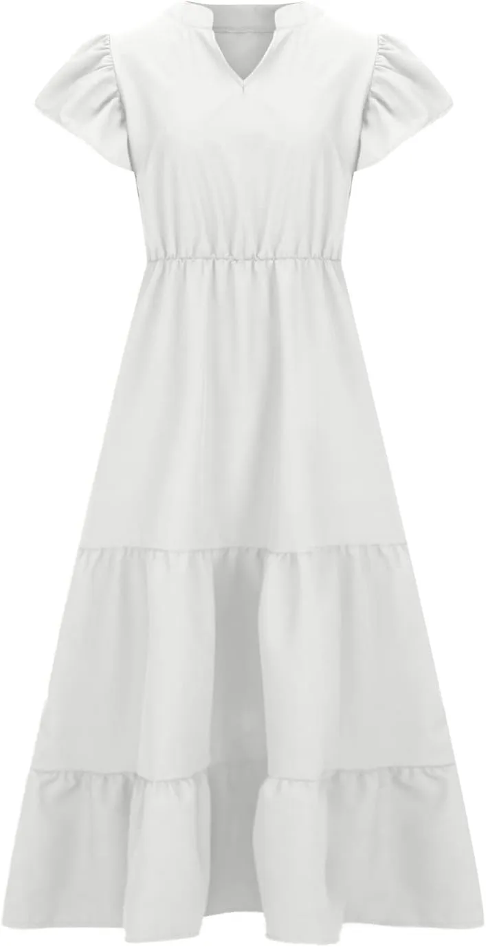 jsaierl Women Sundress Short Sleeve V Neck Ruffle Dress A Line Swing Beach Dresses Boho Flowy High Waisted Dress with Pockets