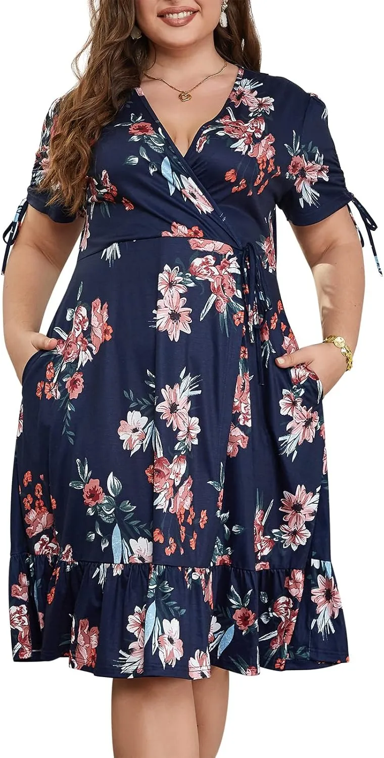 Keluummi Plus Size Summer Midi Dresses for Curvy Women, Casual Floral Dress with V-Neck, Empire Waist, and Pockets