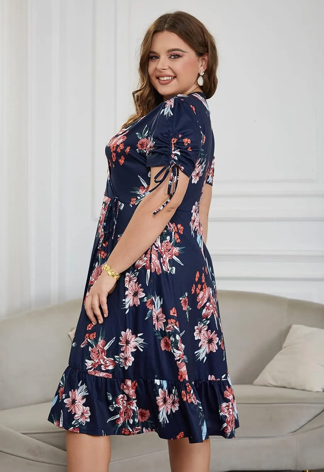 Keluummi Plus Size Summer Midi Dresses for Curvy Women, Casual Floral Dress with V-Neck, Empire Waist, and Pockets