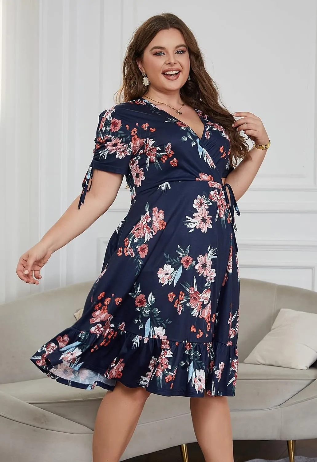 Keluummi Plus Size Summer Midi Dresses for Curvy Women, Casual Floral Dress with V-Neck, Empire Waist, and Pockets