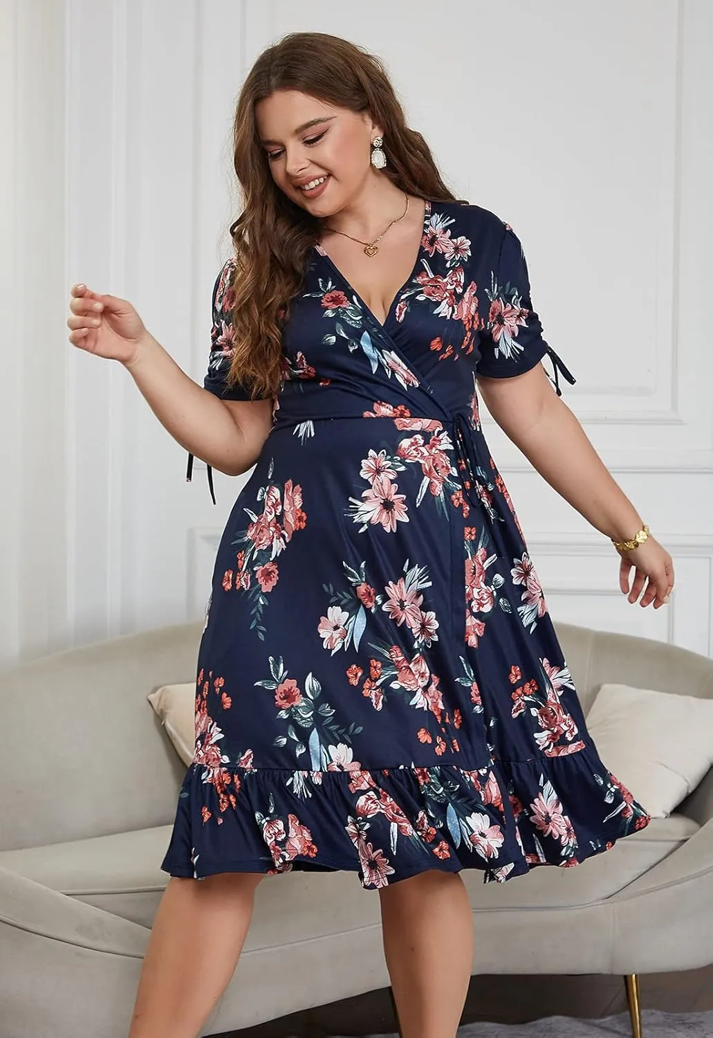 Keluummi Plus Size Summer Midi Dresses for Curvy Women, Casual Floral Dress with V-Neck, Empire Waist, and Pockets