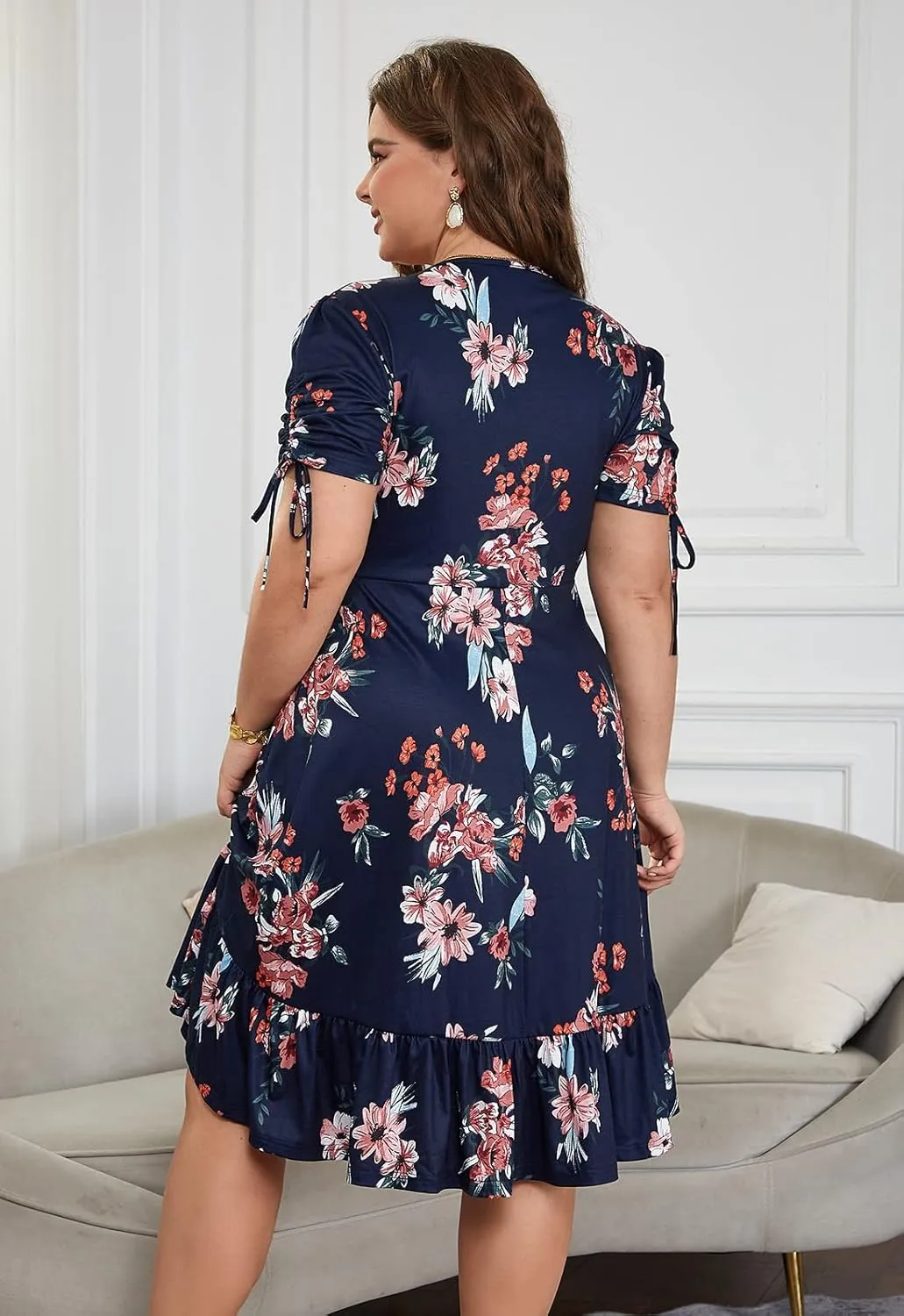 Keluummi Plus Size Summer Midi Dresses for Curvy Women, Casual Floral Dress with V-Neck, Empire Waist, and Pockets