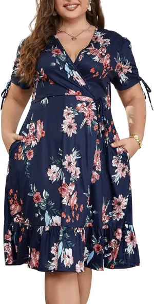 Keluummi Plus Size Summer Midi Dresses for Curvy Women, Casual Floral Dress with V-Neck, Empire Waist, and Pockets