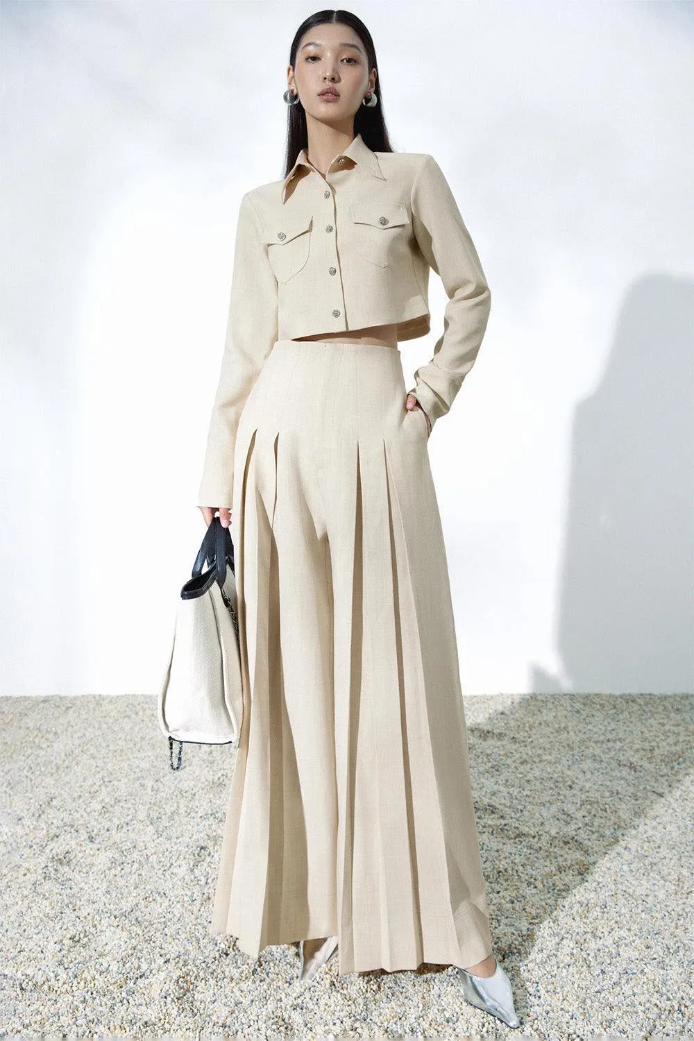 Kim Pleated Front Zipper Linen Blend Floor Length Pants