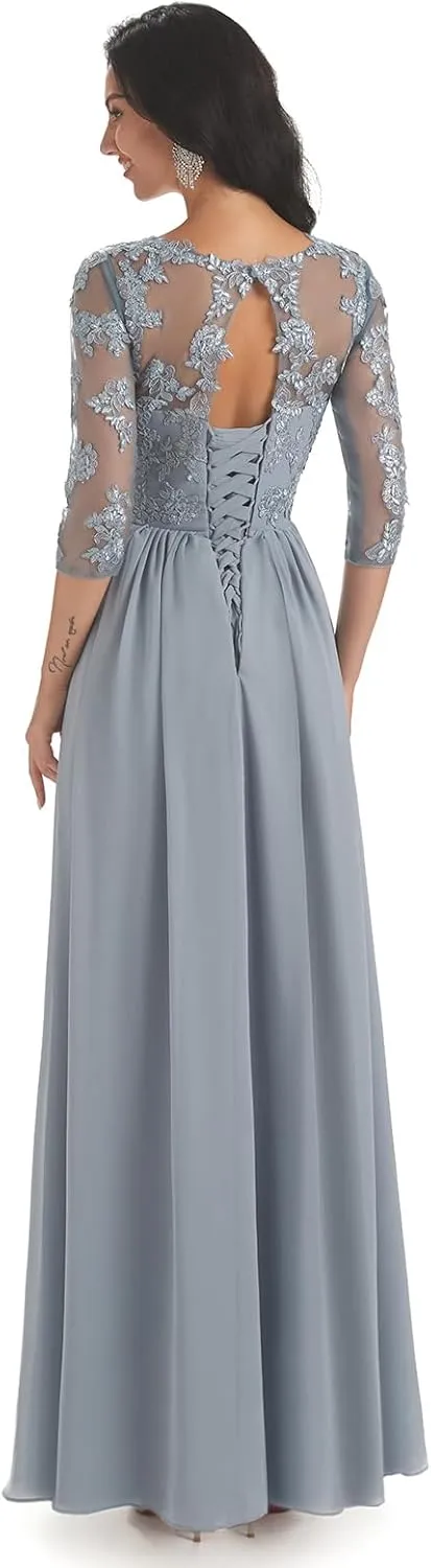 Lace Appliques Hi-Low Mother of The Bride Dresses for Wedding Chiffon 3/4 Sleeve Formal Evening Gown
