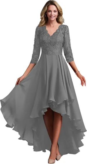 Lace Appliques Hi-Low Mother of The Bride Dresses for Wedding Chiffon 3/4 Sleeve Formal Evening Gown