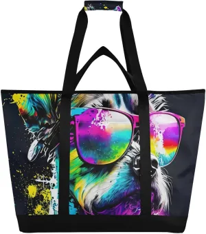 Large Insulated Reusable Tote Bag Dog Sunglasses Splash for Grocery Shopping for Women Men, Cooler Bag with Zippered Top & Handles for Travel Beach Picnic