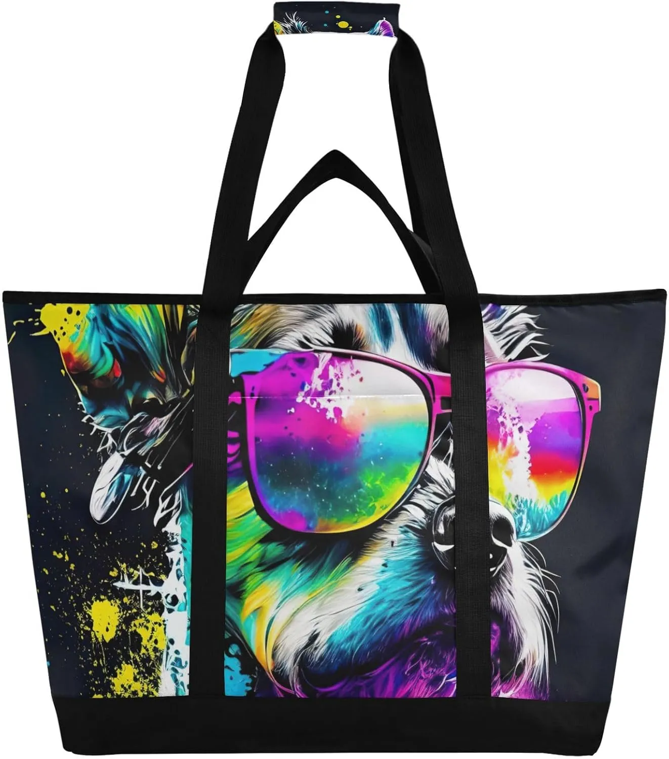 Large Insulated Reusable Tote Bag Dog Sunglasses Splash for Grocery Shopping for Women Men, Cooler Bag with Zippered Top & Handles for Travel Beach Picnic