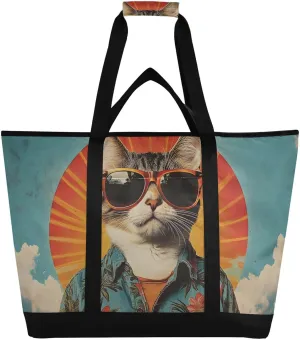 Large Insulated Tote Bag Cat Sunglasses Sky for Grocery Shopping Reusable Tote Bags for Women Men, Cooler Bag with Zippered Top & Handles for Beach Picnic Travel