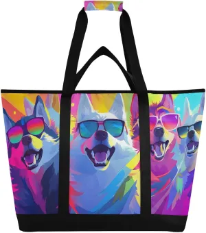 Large Insulated Tote Bag Dogs Colorful Sunglasses for Grocery Shopping Reusable Tote Bags for Women Men, Cooler Bag with Zippered Top & Handles for Beach Picnic Travel