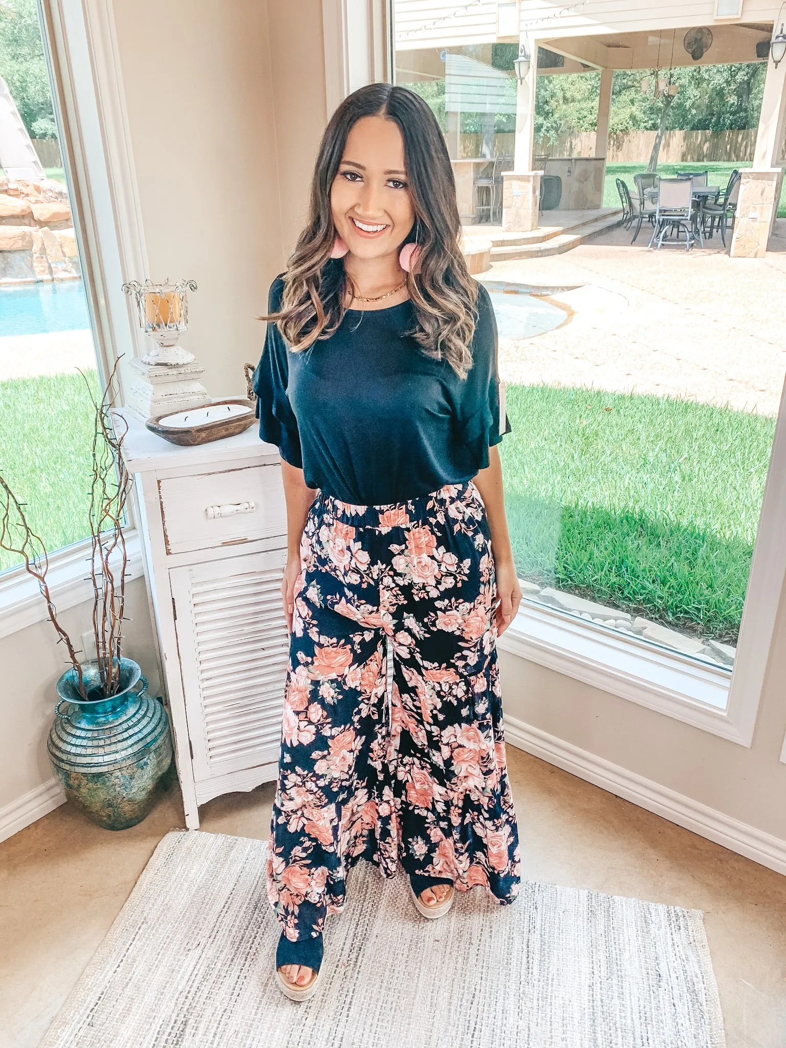 Last Chance Size Small & Medium | Breaking Free Floral Wide Leg Ruffle Pants in Black