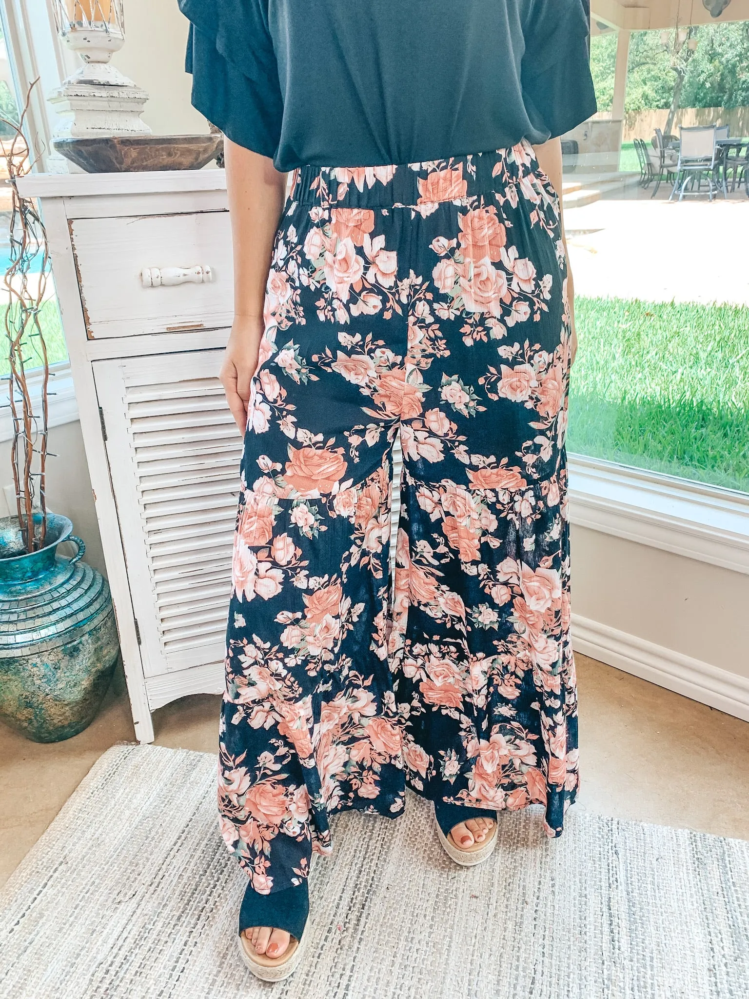 Last Chance Size Small & Medium | Breaking Free Floral Wide Leg Ruffle Pants in Black