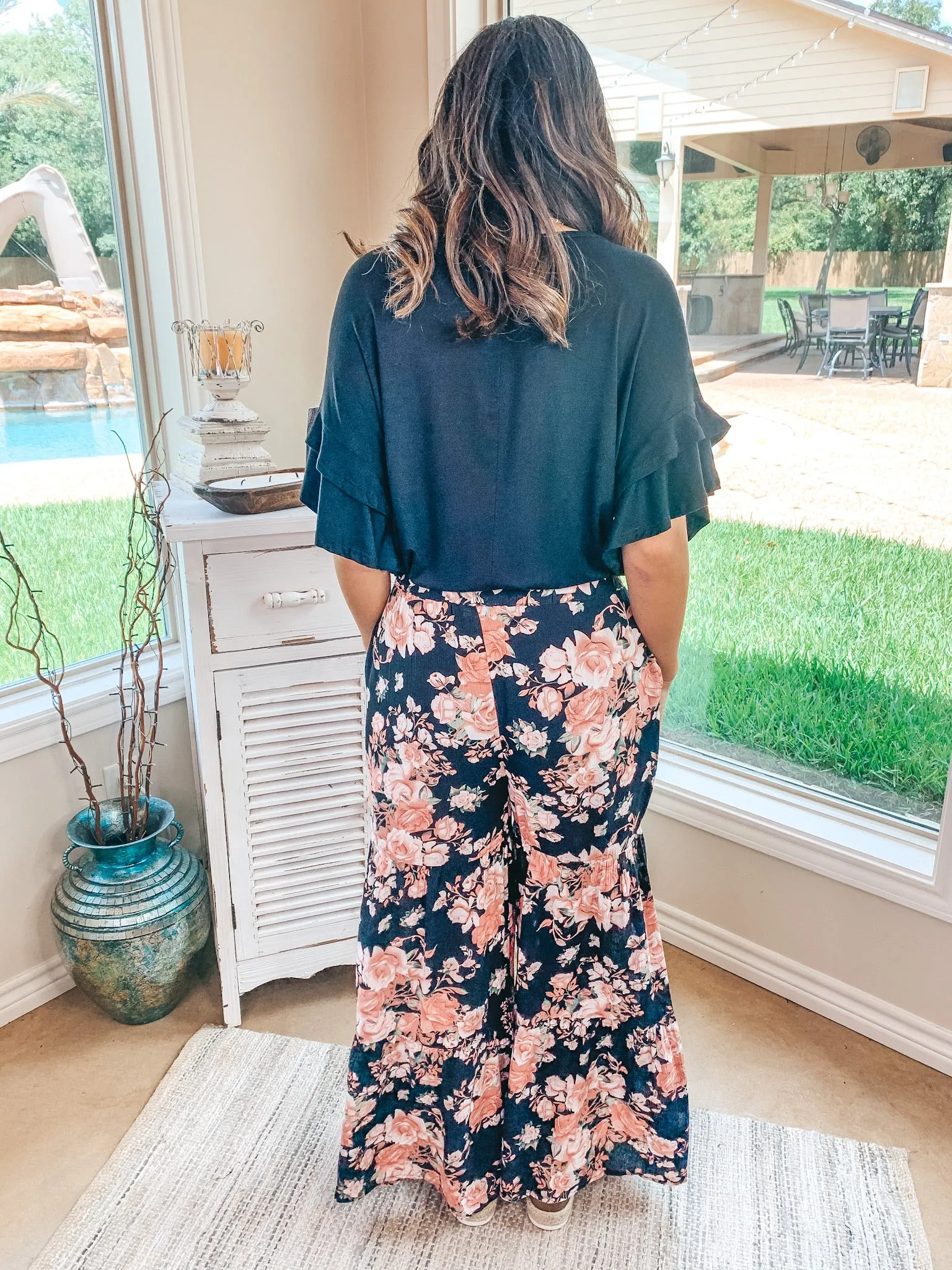 Last Chance Size Small & Medium | Breaking Free Floral Wide Leg Ruffle Pants in Black