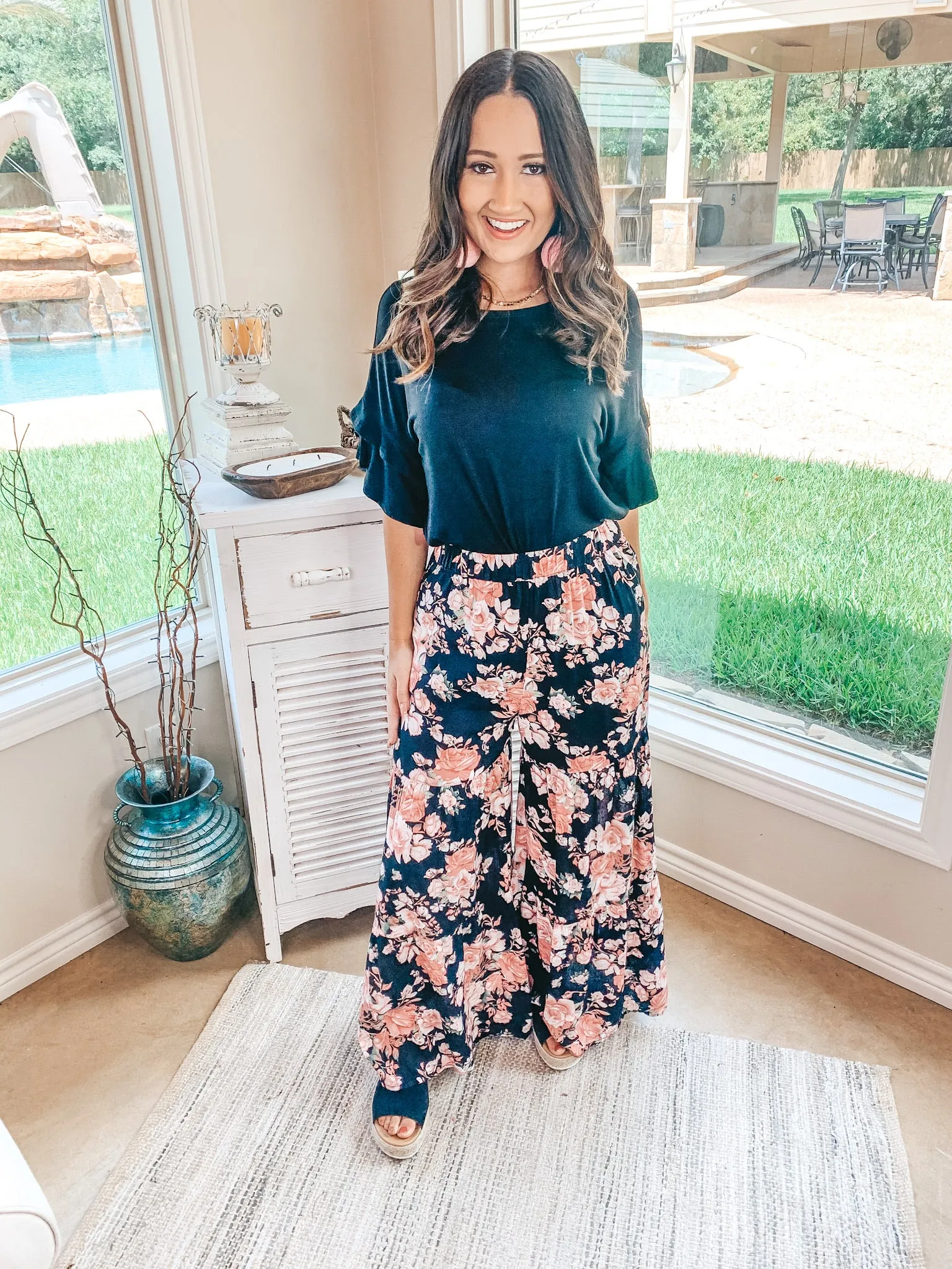 Last Chance Size Small & Medium | Breaking Free Floral Wide Leg Ruffle Pants in Black