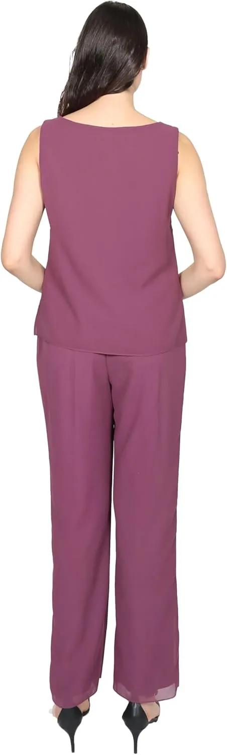 Le Bos Women's 3-Piece Pant Set with Embroidered Cami and Scalloped Hem