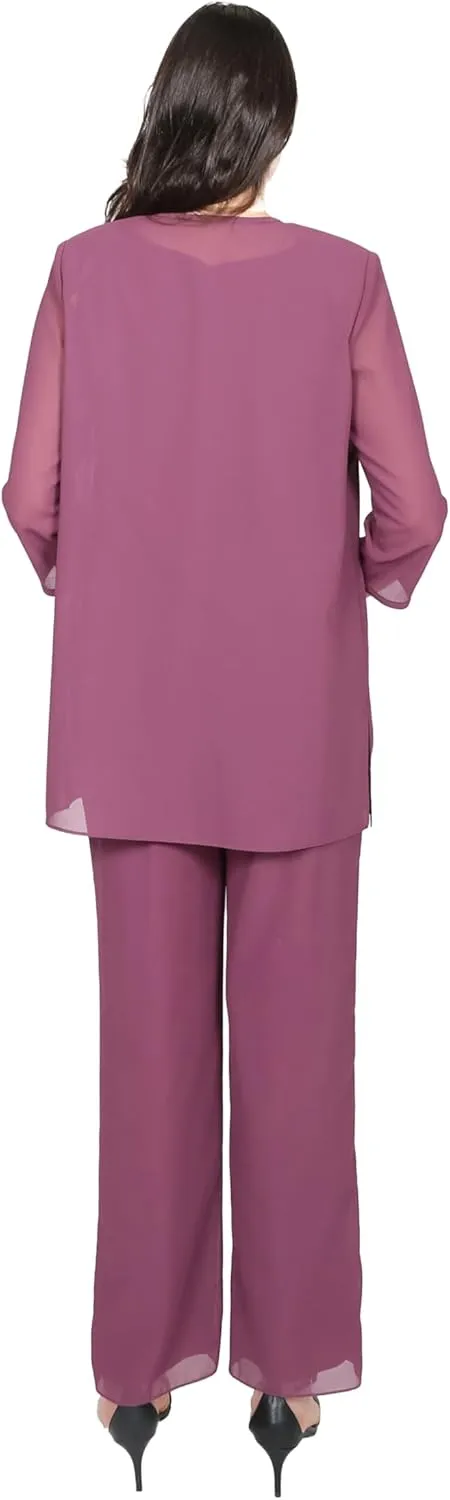 Le Bos Women's 3-Piece Pant Set with Embroidered Cami and Scalloped Hem