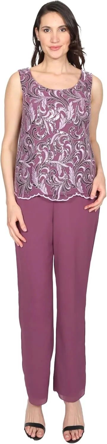 Le Bos Women's 3-Piece Pant Set with Embroidered Cami and Scalloped Hem