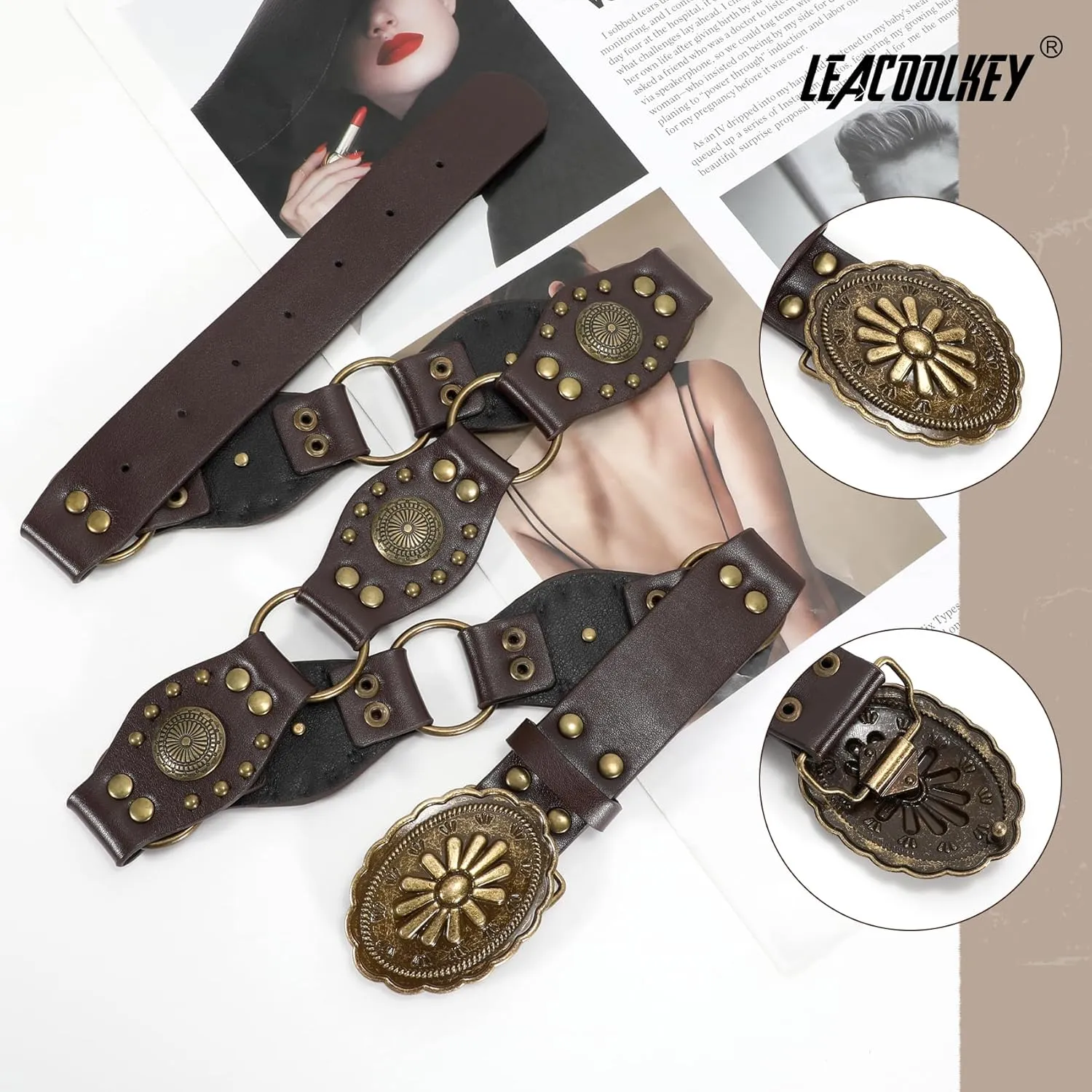 LEACOOLKEY Western Concho Rivet Belt for Women Vintage Leather Belt Western Waist Belt for Skirts Jeans